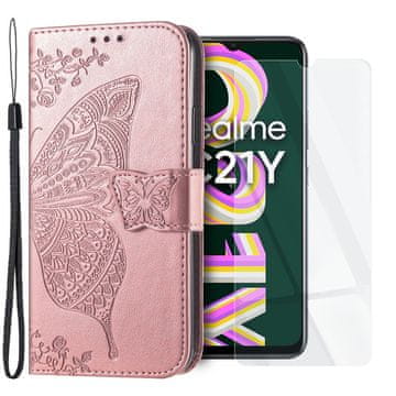 GS Realme C21Y / C25Y set preklopnih futrola, leptir, ružičasto zlato + staklo