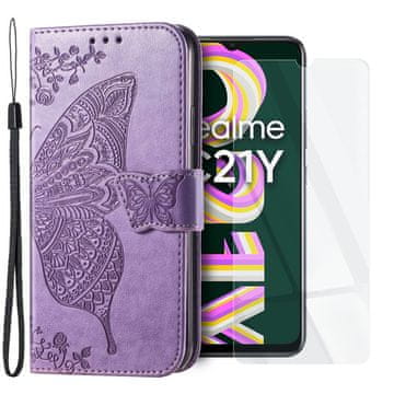 GS Realme C21Y / C25Y set preklopnih futrola, leptir, ljubičasta + staklo