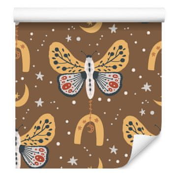 Boho tapeta s dugama i leptirima, oker i zlatna, za dnevni boravak i spavaću sobu 50x1000 cm
