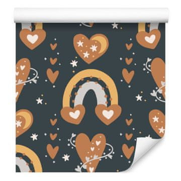 Tapeta s dugama i leptirima u boho boji, tamnoplava i narančasta, 50x1000 cm