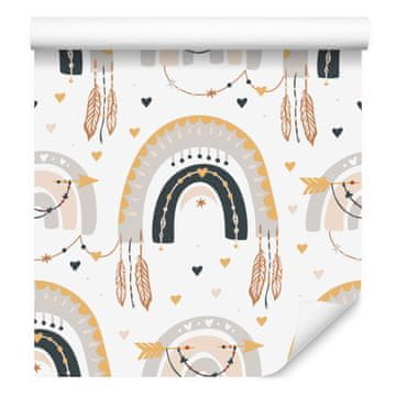 Boho tapeta s dugama i leptirima, bijela i svijetlosiva, 50x1000 cm