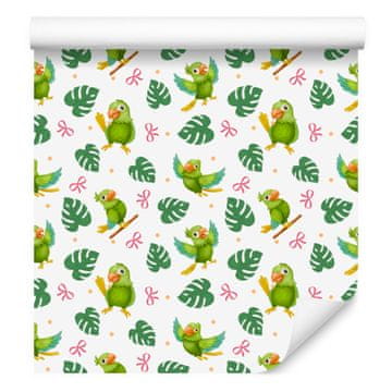Tapeta s papigama, bijela i zelena, za dnevni boravak i spavaću sobu 50x1000 cm