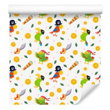 Tapeta s papigama, bijela i krem, za dnevni boravak i spavaću sobu 50x1000 cm