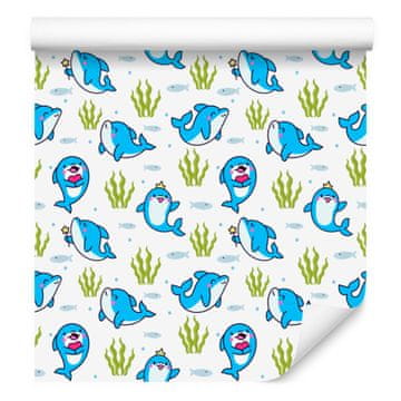 Tapeta s delfinima, bijela, azurna i krem, za dnevni boravak i spavaću sobu 50x1000 cm