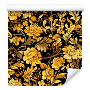 Tapeta s zlatnim hibiskusom, oker pozadina, oker središte, 50x1000 cm