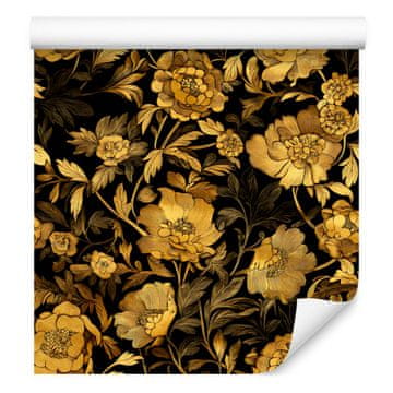 Tapeta s zlatnim hibiskusom, oker i zlatna, suptilni detalji 50x1000 cm