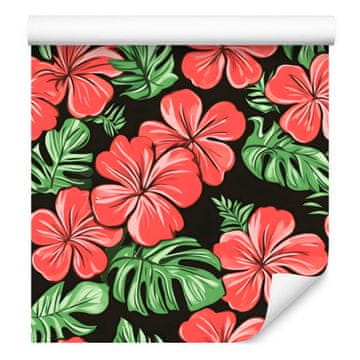 Tapeta tropskog hibiskusa u koraljno-zelenoj boji za dnevni boravak i spavaću sobu 50x1000 cm