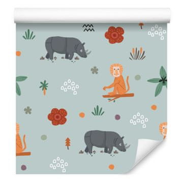 Svijetlosiva tapeta s tropskom florom i faunom 50x1000 cm