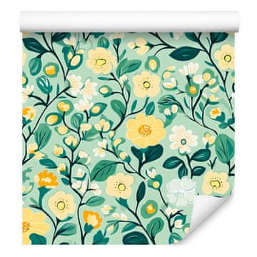 Tapeta Cottagecore Flowers zelena i mint boja za dnevni boravak i spavaću sobu 50x1000 cm