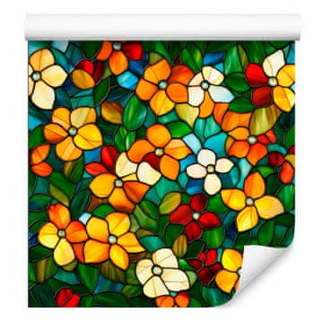 Tapeta s vitrajem, cvijećem, boca zelena i zlatna, 50x1000 cm