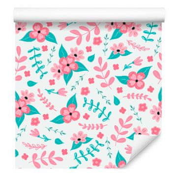 Tapeta Cvijeće bijelo, puderasto ružičasto, celadon i tirkizno 50x1000 cm