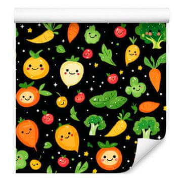 Kawaii tapeta s povrćem, crna, maslinasta i limeta, 50x1000 cm