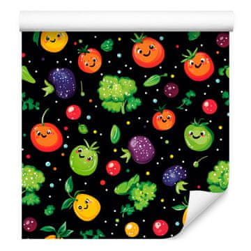Kawaii tapeta s povrćem, crna, boca zelena i limeta 50x1000 cm