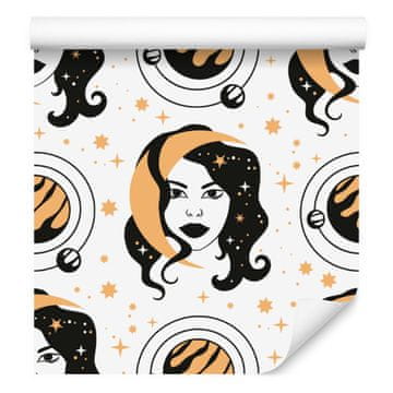 Tapeta s motivima žena i astrologije, bijela, svijetlosiva i grafitna, 50x1000 cm