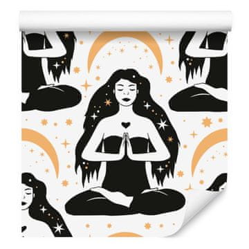 Tapeta s motivima žena i astrologije, bijela, grafitna i siva, 50x1000 cm