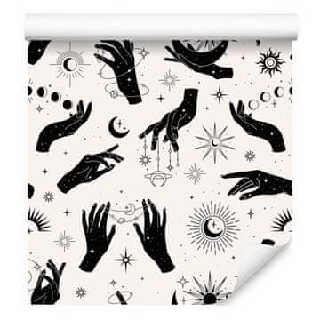 Tapeta s rukama i astrologijom, bijela i svijetlosiva, 50x1000 cm