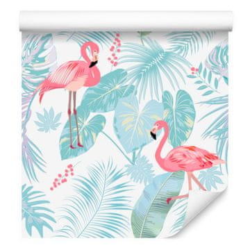 Tapeta s flamingima i egzotičnim lišćem u pastelnim bojama 50x1000 cm