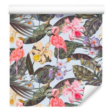 Fototapeta s flamingo cvijećem, lišćem i prirodom za dnevni boravak i spavaću sobu 50x1000 cm