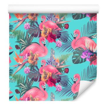 Fototapeta s flamingo cvijećem, lišćem i prirodom za dnevni boravak i spavaću sobu 50x1000 cm
