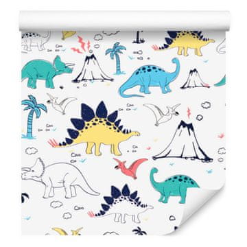 Fototapeta s dinosaurima i palmama, vulkanom, za dnevni boravak i spavaću sobu 50x1000 cm