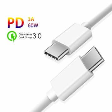 Northix Kabel za brzo punjenje USB-C na USB-C 60W, 3A, PD, 0,25m - Bijeli