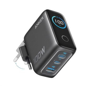 Anker Punjač s 3 priključka, 100 W, GaN, pametni zaslon, tamno siva (B121BGZ1)