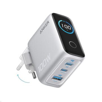 Anker Punjač s 3 priključka, 100 W, GaN, pametni zaslon, srebrni (B121BG41)