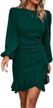 Nikcorp Ženska bodycon mini haljina elegantna zelena, koktel haljina s puf rukavima i volanom, pripijeni kroj s naborima za oblikovanje figure, elastična prozračna tkanina za svečane i poslovne prigode, XL