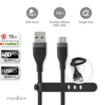 Nedis USB kabel USB 2 0 USB A muški USB C muški 15 W 480 Mbps Niklani 1 50 m Okrugli Silikonski Crni Kutija