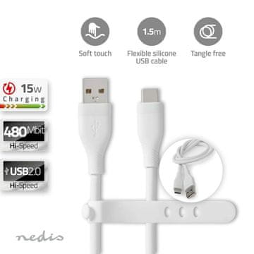 Nedis USB kabel USB 2 0 USB A muški USB C muški 15 W 480 Mbps Niklani 1 50 m Okrugli Silikonski Bijeli Kutija