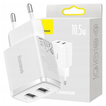 BASEUS kompaktni brzi punjač, 2x USB, 10,5 W (bijeli)