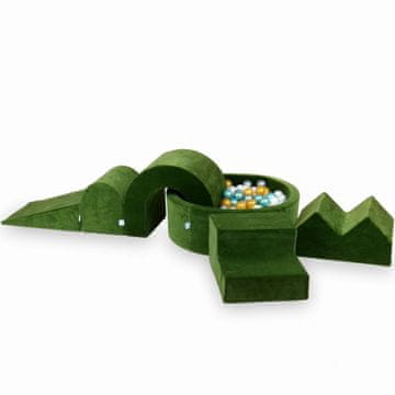 Mi Pjenasto igralište s okruglim bazenom 90x30 Velvet Soft Olive + 5 elemenata + 200 loptica: biserne, srebrne, zlatne, metalik tirkizne