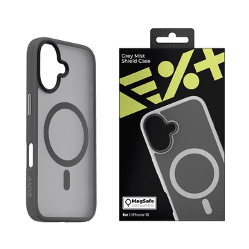 Nikcorp Maskica za iPhone 16 Mist Shield MagSafe, tanka zaštitna maska, hibridna konstrukcija od TPU i polikarbonata, siva, ugrađeni magnetski prsten, ojačani rubovi, metalni detalji na tipkama, otporna na