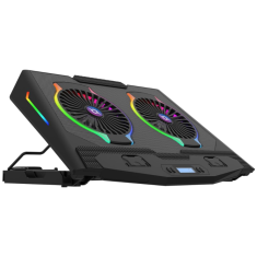 Nikcorp Rashladno postolje za laptop do 17 inča, 2 ventilatora 12,5 cm, RGB osvjetljenje, metalna mrežica, USB hub s 2 porta, LED zaslon, 5 stupnjeva nagiba, crno, za gaming i uredski rad