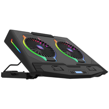 Nikcorp Rashladno postolje za laptop do 17 inča, 2 ventilatora 12,5 cm, RGB osvjetljenje, metalna mrežica, USB hub s 2 porta, LED zaslon, 5 stupnjeva nagiba, crno, za gaming i uredski rad