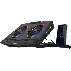 Nikcorp Rashladno postolje za laptop do 17 inča, 2 ventilatora 12,5 cm, RGB osvjetljenje, metalna mrežica, USB hub s 2 porta, LED zaslon, 5 stupnjeva nagiba, crno, za gaming i uredski rad
