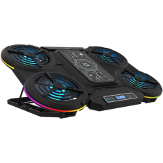 Nikcorp Rashladno postolje za gaming laptop ZENITH, Peltier hlađenje, za laptope do 17 inča, 5 ventilatora, RGB LED, 7 stupnjeva nagiba, SECC čelik i ABS plastika, stalak za pametni telefon, crno