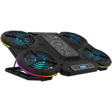 Nikcorp Rashladno postolje za gaming laptop ZENITH, Peltier hlađenje, za laptope do 17 inča, 5 ventilatora, RGB LED, 7 stupnjeva nagiba, SECC čelik i ABS plastika, stalak za pametni telefon, crno