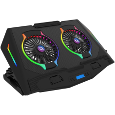 Nikcorp Rashladno postolje za laptop do 17 inča, 2 ventilatora 12,5 cm, RGB osvjetljenje, metalna mrežica, USB hub s 2 porta, LED zaslon, 5 stupnjeva nagiba, crno, za gaming i uredski rad