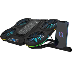 Nikcorp Rashladno postolje za gaming laptop ZENITH, Peltier hlađenje, za laptope do 17 inča, 5 ventilatora, RGB LED, 7 stupnjeva nagiba, SECC čelik i ABS plastika, stalak za pametni telefon, crno
