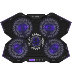 Nikcorp Gaming postolje za hlađenje laptopa do 17 inča, 5 ventilatora, LCD zaslon, 2 USB priključka, podesivi nagib, ljubičasto LED osvjetljenje, metalna mrežica, ABS plastika, učinkovito hlađenje za