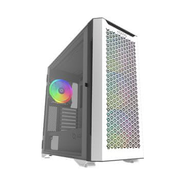 Nikcorp Računalno kućište Midi Tower AQUILLA ARGB bijelo, panoramsko kaljeno staklo, mesh prednja ploča, 4x 140 mm ARGB ventilatora, PWM kontroler, podrška za E-ATX, 479x233x493 mm, USB-C, vrhunsko hlađenje
