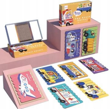 Nikcorp Drvene puzzle štapići Vozila Montessori set 32 kom obostranih elemenata za slaganje 8 različitih vozila od visokokvalitetnog drva dimenzije složene slike cca 15x24.8 cm s kutijom za pohranu