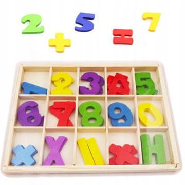 Nikcorp Drveni edukativni set brojeva za učenje brojanja, 30 komada, visina 4 cm, uključuje matematičke znakove (+, -, ×, :, =), drvena kutija s pretincima 21x15,5 cm, za djecu od 3 godine, potiče logičko