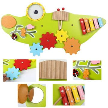 Nikcorp Drvena Montessori senzorna ploča Krokodil, 61x31,5 cm, edukativna manipulativna ploča za razvoj vještina, s ksilofonom, labirintom, zupčanicima, zvečkom, ogledalom, 2 palice, višebojna, lakirano