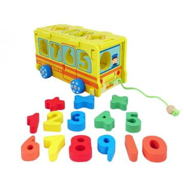 Nikcorp Drveni autobus sortir s brojevima i matematičkim znakovima, edukativna igračka za djecu, 13 komada, 25x13x11 cm, od punog drveta, s užetom za vuču, za razvoj motorike i učenja