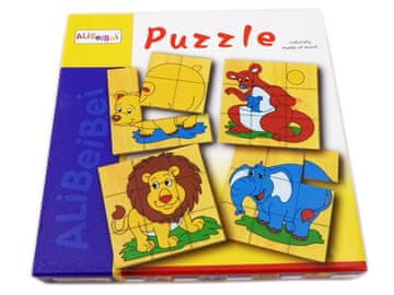 Nikcorp Drvene puzzle edukativni set 36 komada, 4 životinje, lav, slon, kengur, medvjedić, materijal drvo, dimenzije 6x6 cm, za djecu, razvoj manuelnih vještina i mašte, u kutiji