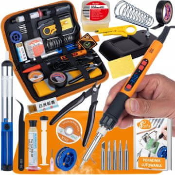 Rosfix Set Pro 80W LCD 16u1 - Set za lemljenje s fluksovima, 5 vrhova, usisnom mlaznicom, pincetom, kliještima, kutijom, lemom i PDF vodičem | 180-500°C | RMA-223 | ZJ-18 | Kolofonij | ESD | Organizator