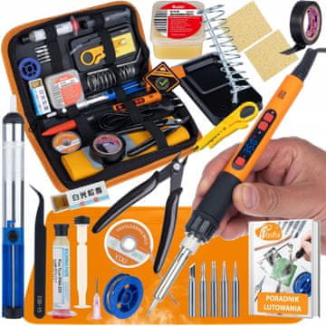 Rosfix Set Pro 80W LCD 17u1 - Set za lemljenje s fluksovima, 5 vrhova, usisnom mlaznicom, pincetom, kliještima, kutijom, lemom i PDF vodičem | 180-500°C | RMA-223 | ZJ-18 | Kolofonij | ESD | Organizator