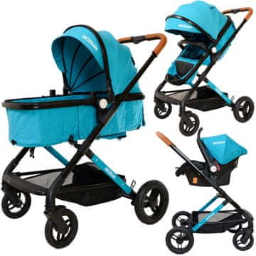 Nikcorp Dječja kolica 3u1 multifunkcionalna lagana čvrsta zeleno-crna, putni set za dijete 0-3 god, aluminijski okvir, OXFORD 600D, EN 1888:2012, ECE R44, 7.5kg, 60kg max opterećenje